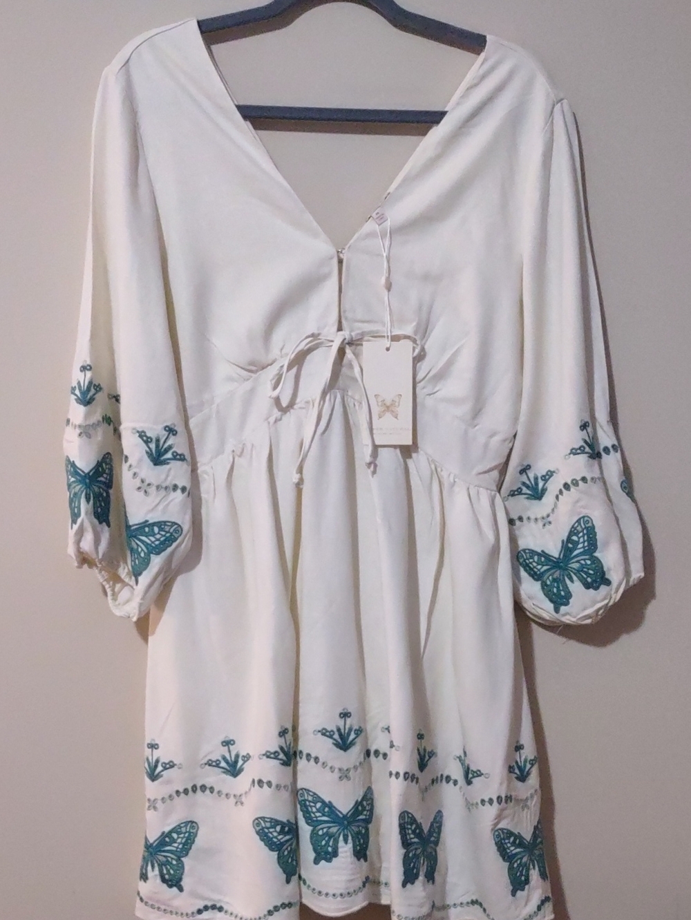 NWT Super Natural by Secret Mission Gia Butterfly Linen Mini Dress Creme $395 M